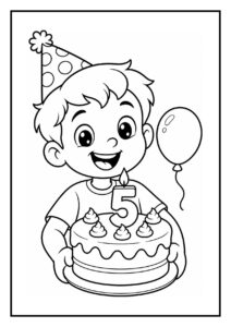 Kleurplaat van een blij jongetje met een verjaardagstaart en een ballon in een feestelijke sfeer