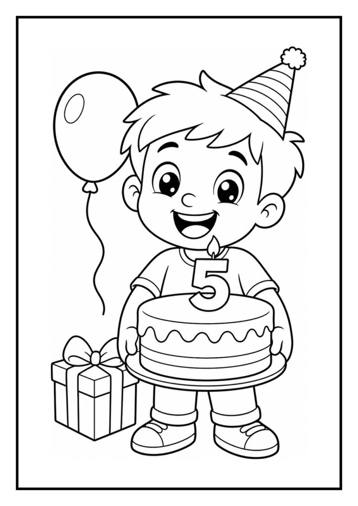 Een kleurplaat van een schattig jongetje met verjaardagsmutsje, een taart met kaars in vorm van het nummer 5, ballon en cadeau.