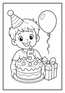 Kleurplaat van een jongen met een verjaardagstaart met het cijfer 5, een cadeau en een ballon.
