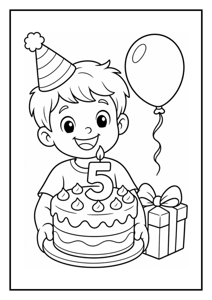 Kleurplaat van een jongen met een verjaardagstaart met het cijfer 5, een cadeau en een ballon.