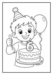 Kleurplaat van een jongen met een feestmuts die een verjaardagstaart met een kaars in de vorm van het nummer 6 vasthoudt en duim omhoog steekt.