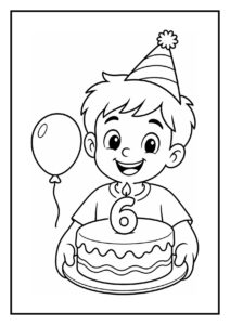 Kleurplaat van een vrolijk jongetje met een verjaardagsmuts en een taart met zes brandende kaarsen, met een ballon op de achtergrond.