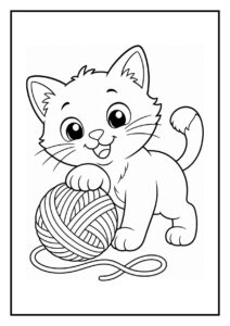 Vrolijke kat die speelt met en een bol wol ontrolt in een eenvoudige kleurplaat