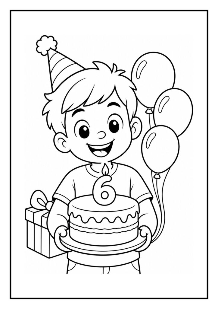 Kleurplaat van een vrolijk jongetje met een verjaardagshoedje dat een verjaardagstaart met het cijfer zes vasthoudt, met ballonnen en een cadeau op de achtergrond