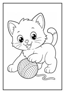 Schattige kitten kleurplaat die een cadeaupakket opent en speelt met een bolletje wol