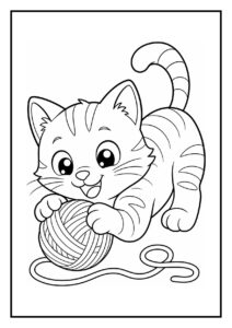 Kleurplaat van een schattige kat die speels achter een ballon aan rent