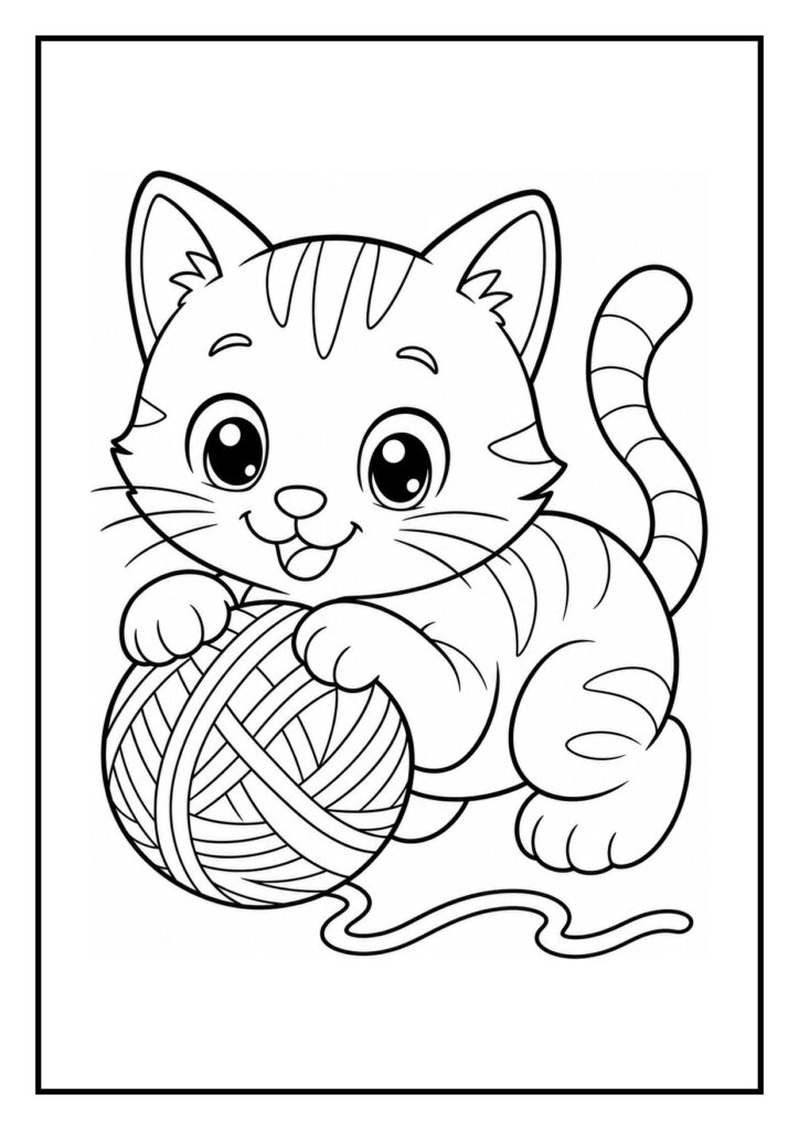 Kat die achter een muis onder een tafel kijkt in een eenvoudige kleurplaat