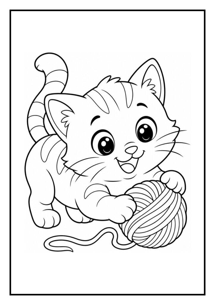 Kleurplaat van een vrolijke kat die uit een mandje klimt en speelt met een bol wol