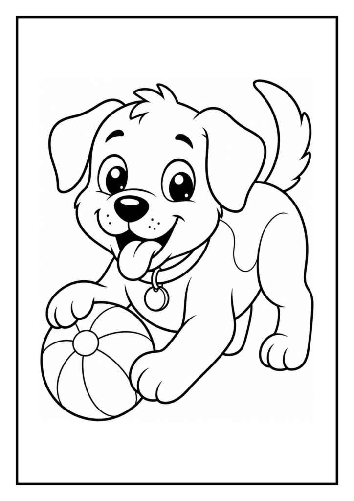 Kleurplaat van een schattige hond die onder een regenparaplu speelt met een bal, geschikt voor kinderen.
