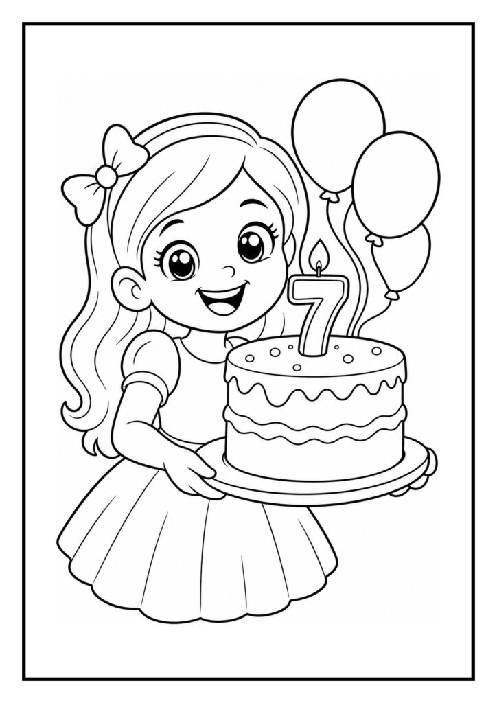 Kleurplaat van een meisje dat een cadeau uitpakt bij haar 7e verjaardag met een taart en ballonnen