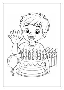 Vrolijke kleurplaat van een jongetje met zeven feesthoedjes, een verjaardagstaart met kaarsjes, een ballon en een cadeau.