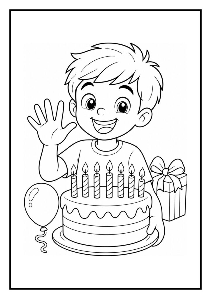 Vrolijke kleurplaat van een jongetje met zeven feesthoedjes, een verjaardagstaart met kaarsjes, een ballon en een cadeau.