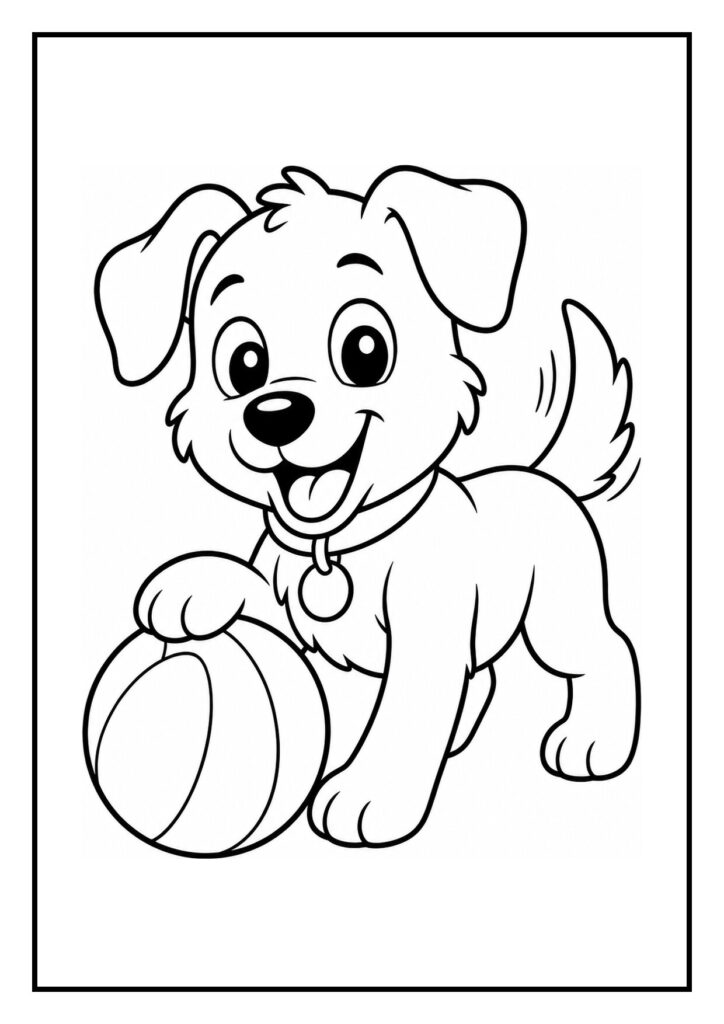 Kleurplaat van een speelse hond die een brief bezorgt met een bal in zijn bek, geschikt voor kleuters.