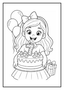 Meisje met een grote verjaardagstaart met een kaars in de vorm van het cijfer zeven, omringd door ballonnen en een cadeautje.