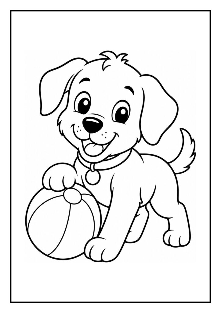 Kleurplaat van een vrolijke puppy die door een hoepel springt met een bal