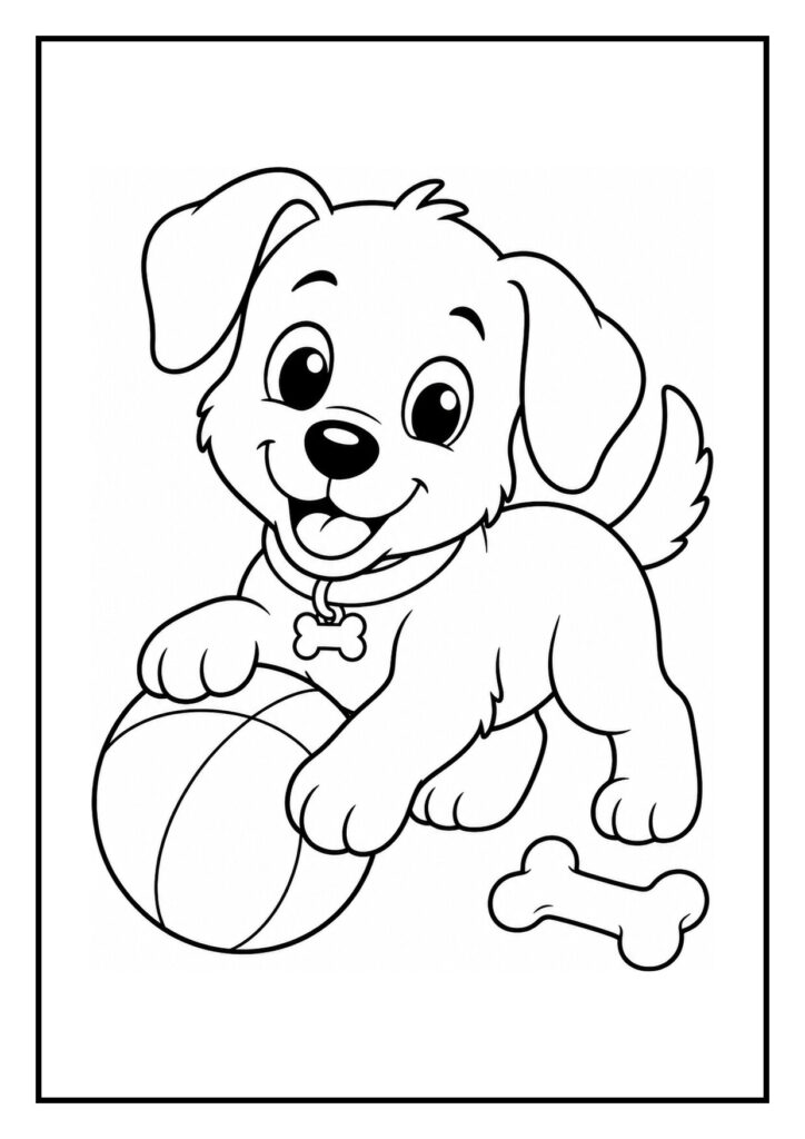 Leuke kleurplaat van een vrolijke puppy die zich uitschudt na het wassen met een bal en bot naast zich.