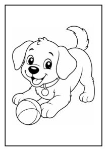 Kleurplaat van een hond die aandachtig het tuinpad bewaakt terwijl een kip dichtbij staat