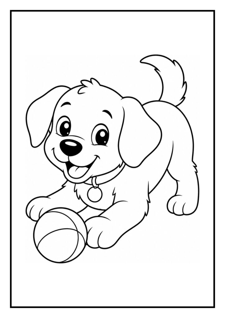 Kleurplaat van een hond die aandachtig het tuinpad bewaakt terwijl een kip dichtbij staat