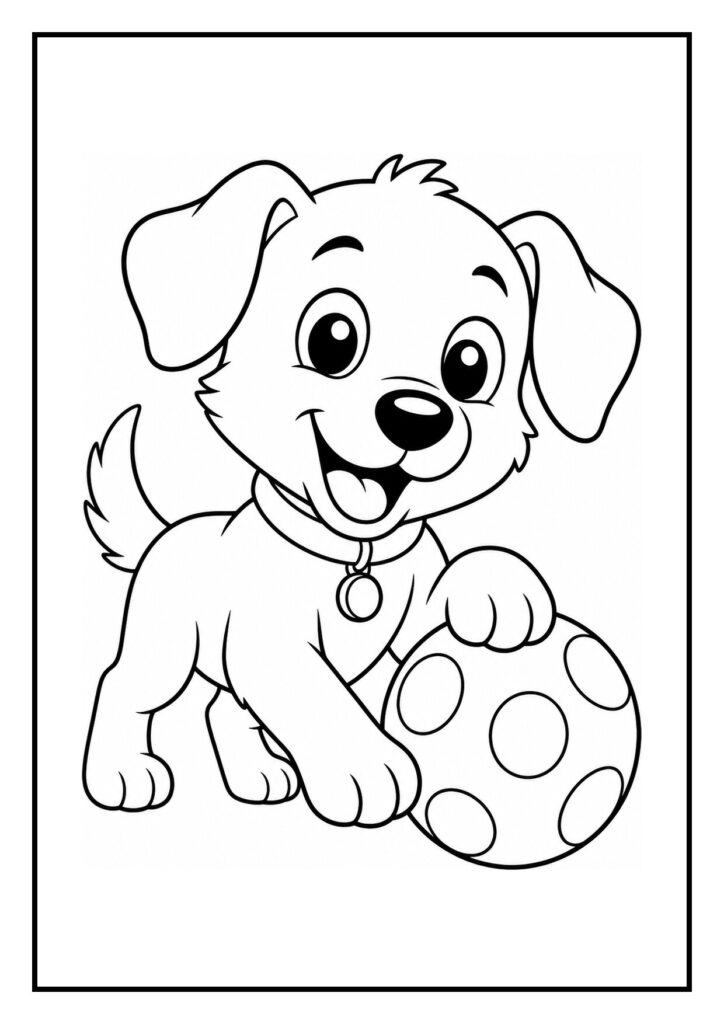 Kleurplaat van een vrolijke puppy die speels over een modderplas springt met een bal.