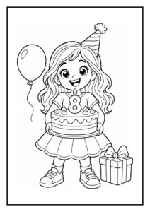Kleurplaat van een vrolijk meisje dat de kaars in de vorm van het cijfer 8 op een verjaardagstaart uitblaast, met een ballon en cadeau erbij.