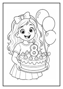 Een vrolijk meisje dat een verjaardagstaart vasthoudt met 8 kaarsjes en ballonnen op de achtergrond.