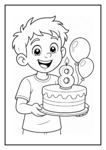 Kleurplaat van een lachend jongetje dat een verjaardagstaart met een kaars in de vorm van het cijfer 8 vasthoudt met ballonnen op de achtergrond