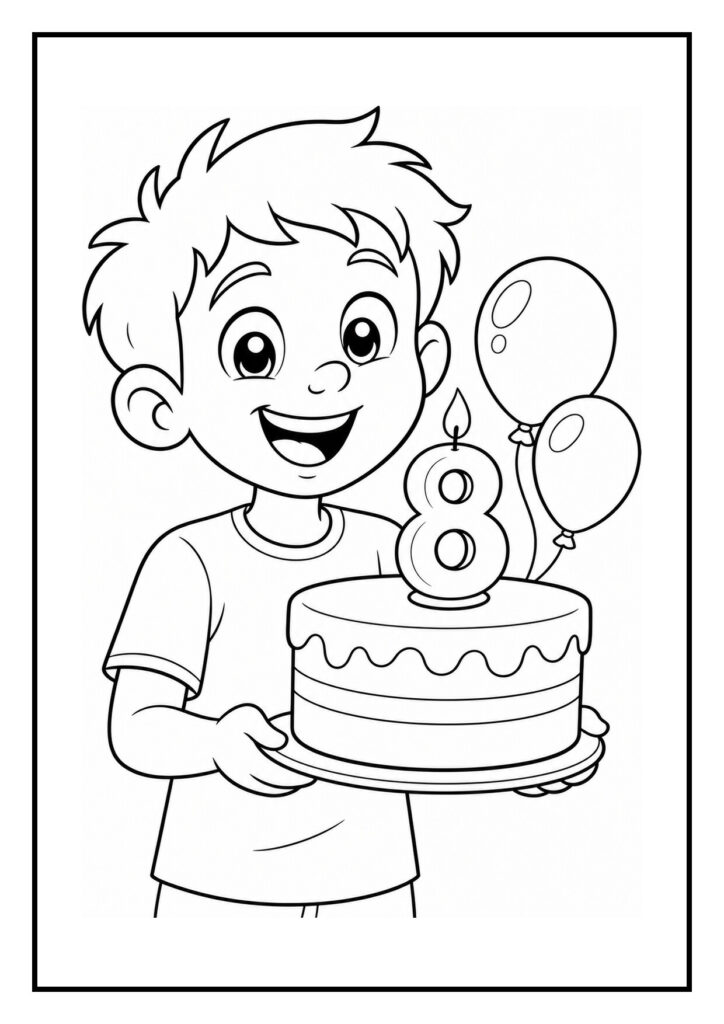 Kleurplaat van een lachend jongetje dat een verjaardagstaart met een kaars in de vorm van het cijfer 8 vasthoudt met ballonnen op de achtergrond