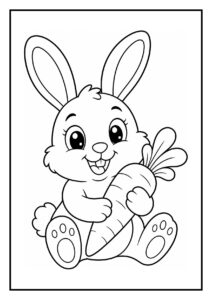 Kleurplaat van een schattig konijn dat een kar vol wortels trekt, vrolijk en eenvoudig om in te kleuren.