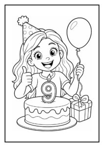 Meisje met feesthoedje dat blij is met een verjaardagstaart, een ballon en een cadeau.