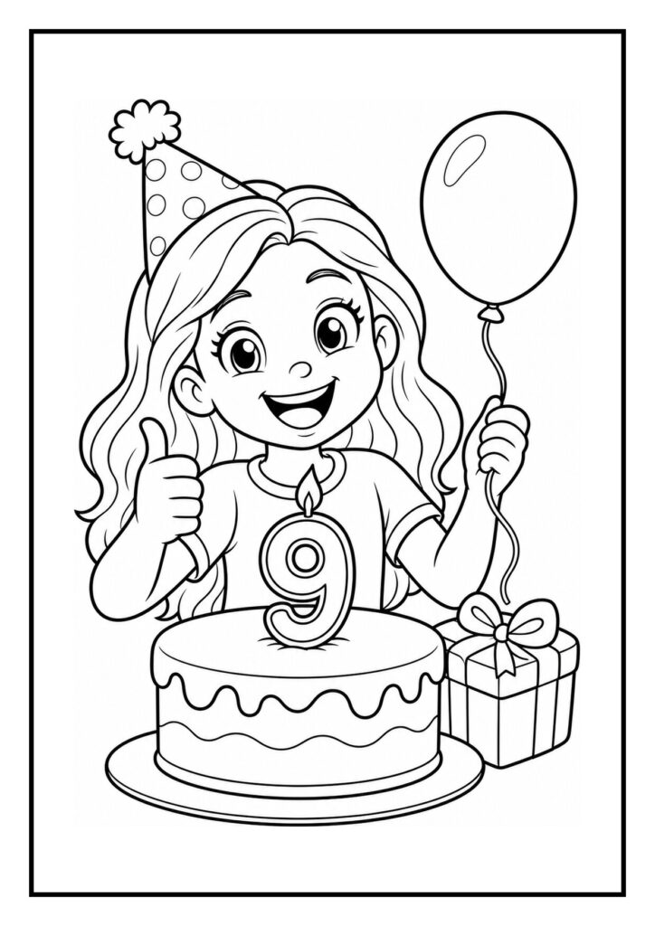 Meisje met feesthoedje dat blij is met een verjaardagstaart, een ballon en een cadeau.
