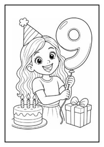 Kleurplaat van een meisje met verjaardagsmuts, ballon met cijfer 9, taart met kaarsjes en een cadeau op het podium met confetti-kanon