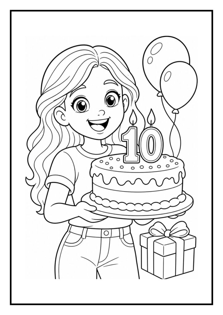 Meisje dat 10 kaarsjes uitblaast op haar verjaardagstaart met ballonnen en cadeaus rondom