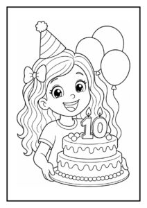 Kleurplaat van een meisje met een feestmuts die een verjaardagstaart vasthoudt met kaarsjes en ballonnen op de achtergrond.