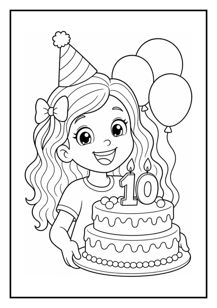 Kleurplaat van een meisje met een feestmuts die een verjaardagstaart vasthoudt met kaarsjes en ballonnen op de achtergrond.