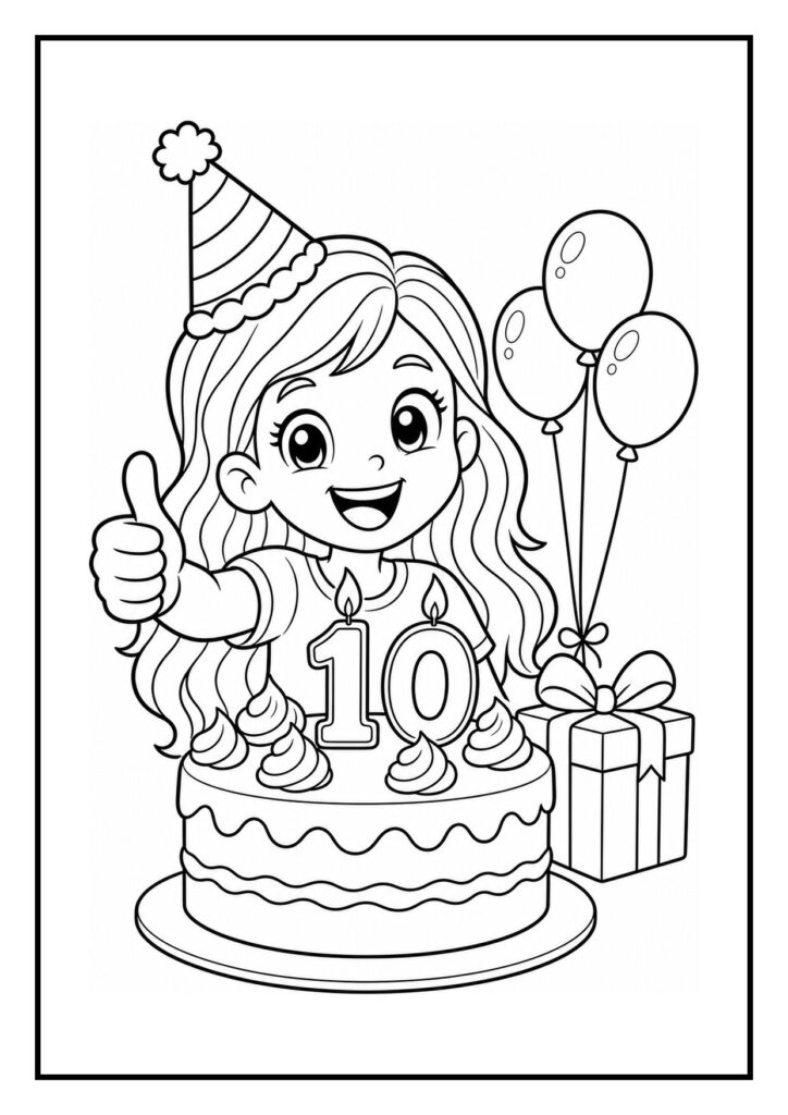Meisje met feestmuts en duim omhoog achter een verjaardagstaart met kaarsjes, ballonnen en een cadeautje in een cadeautrein.