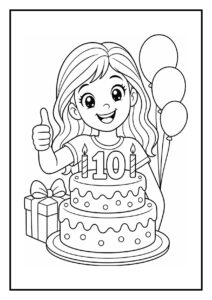Kleurplaat van een vrolijk meisje dat een verjaardagstaart met 10 kaarsen vasthoudt, met ballonnen en een cadeau op de achtergrond.