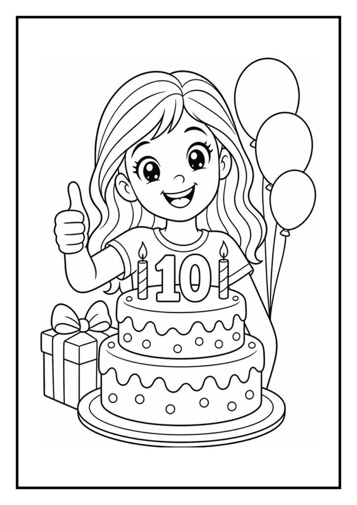 Kleurplaat van een vrolijk meisje dat een verjaardagstaart met 10 kaarsen vasthoudt, met ballonnen en een cadeau op de achtergrond.
