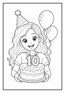 Kleurplaat van een meisje met een feestmuts dat een verjaardagstaart vasthoudt met de kaarsjes 10 en ballonnen op de achtergrond.