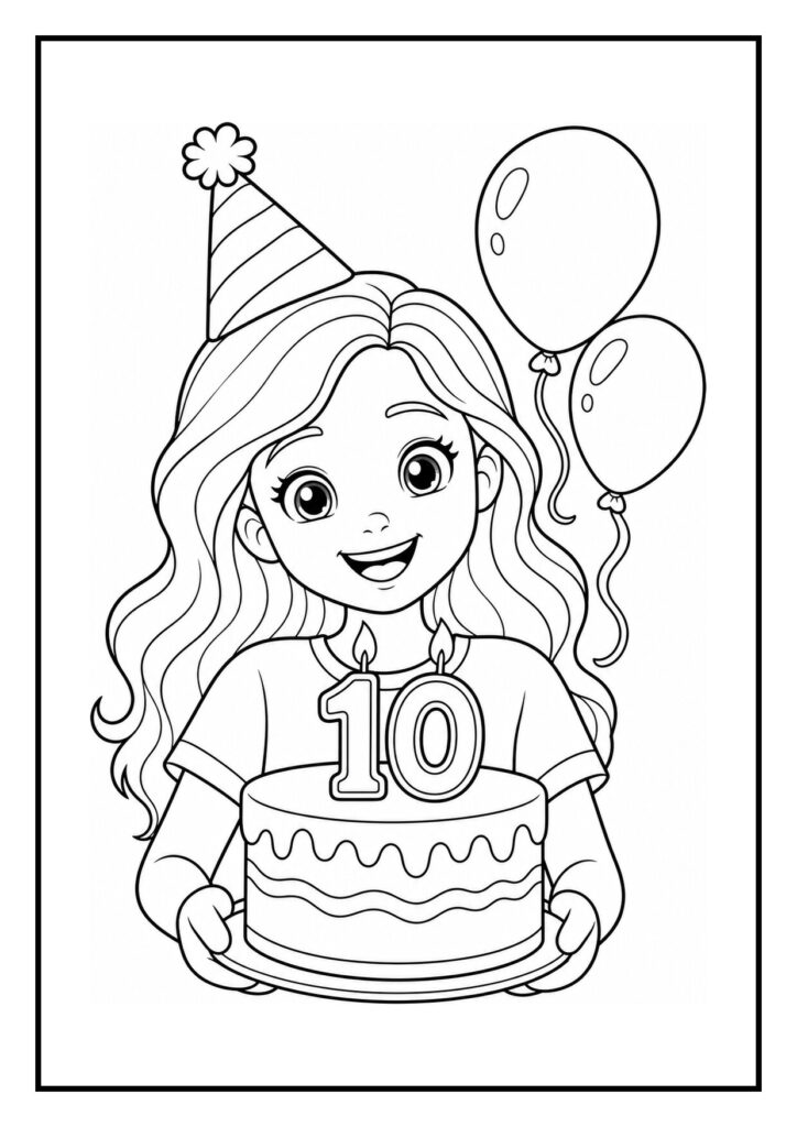 Kleurplaat van een meisje met een feestmuts dat een verjaardagstaart vasthoudt met de kaarsjes 10 en ballonnen op de achtergrond.