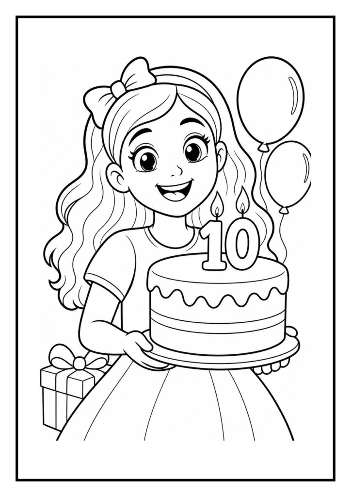 Kleurplaat van meisje dat een verjaardagstaart met het cijfer 10 vasthoudt, omringd door ballonnen en een cadeau