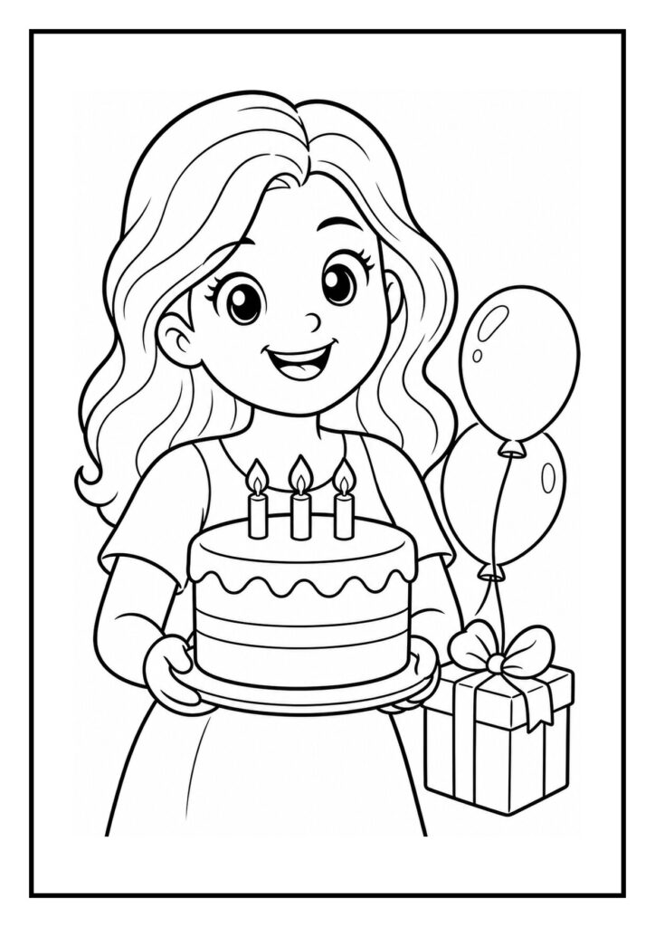 Kleurplaat van een glimlachend meisje dat een taart met drie kaarsjes vasthoudt met ballonnen en een cadeau ernaast.