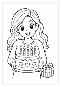 Kleurplaat van een meisje dat een verjaardagstaart met kaarsjes vasthoudt en een cadeau ernaast heeft