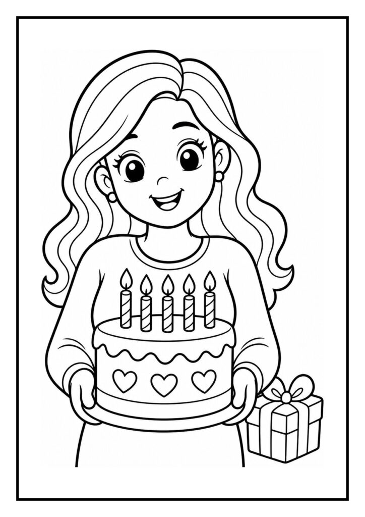 Kleurplaat van een meisje dat een verjaardagstaart met kaarsjes vasthoudt en een cadeau ernaast heeft