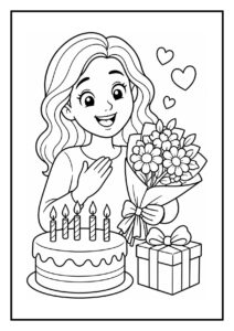 Kleurplaat van een vrolijk meisje dat mama toegezongen wordt bij een verjaardagstaart met kaarsjes, bloemen en een cadeau.