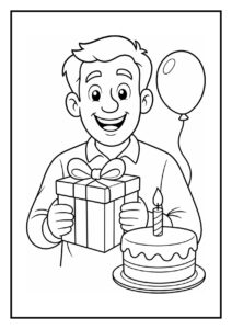 Kleurplaat van een vrolijke man die kaarsen uitblaast op een verjaardagstaart met ballon en cadeau