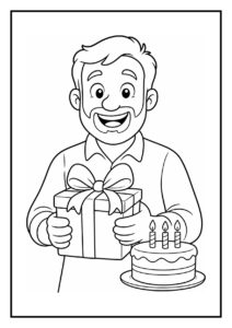 Man met glimlach houdt een cadeau vast naast een verjaardagstaart met drie kaarsjes.