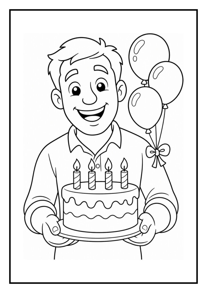 Kleurplaat van een lachende man met een grote verjaardagstaart met vier kaarsjes en ballonnen in zijn hand.