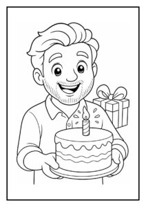 Kleurplaat van een lachende man die een verjaardagstaart met een kaars vasthoudt en een cadeau op de achtergrond heeft.