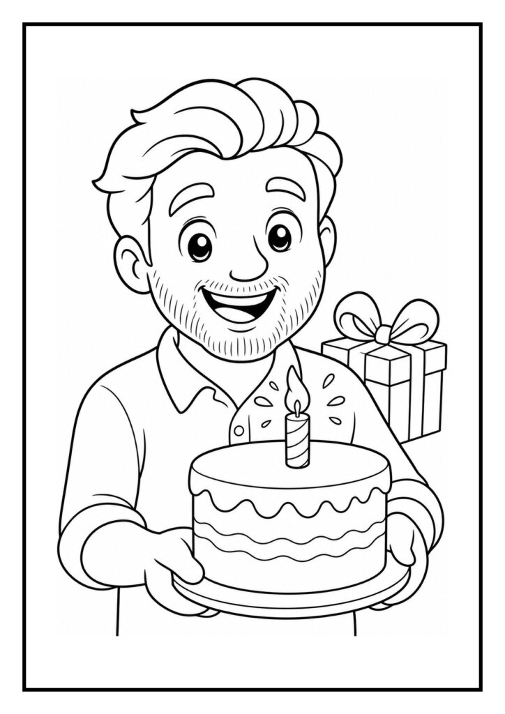 Kleurplaat van een lachende man die een verjaardagstaart met een kaars vasthoudt en een cadeau op de achtergrond heeft.