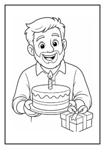 Vrolijke kleurplaat van een man die zijn verjaardagskaart leest met een taart met kaarsje en een cadeau in zijn handen.